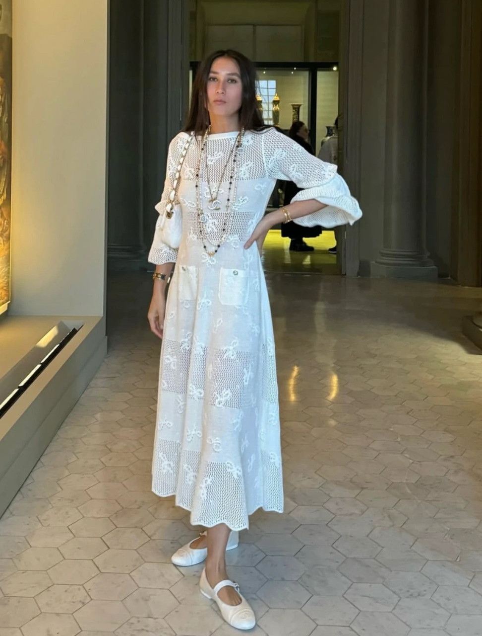 knee length dresses for ladies Women's Oralie Fit and Flare High Neck Chanel Midi Dress S/M/L/Customize White/Light Brown Mean Blvd White / Customize