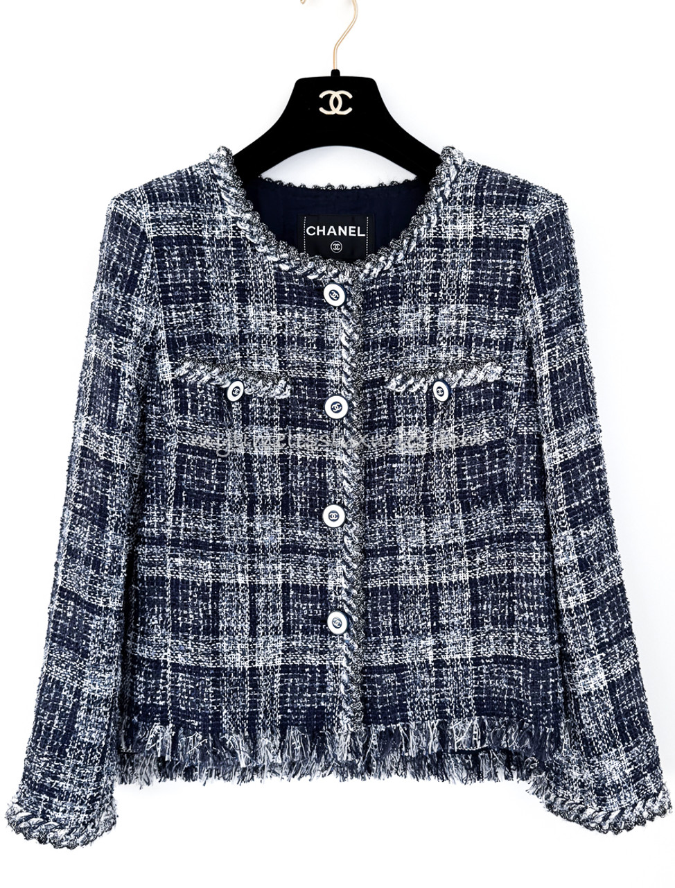 18P CHANEL ジャケット CHANEL 18P Fantasy Tweed Fringed Jacket 40 Blue - Timeless