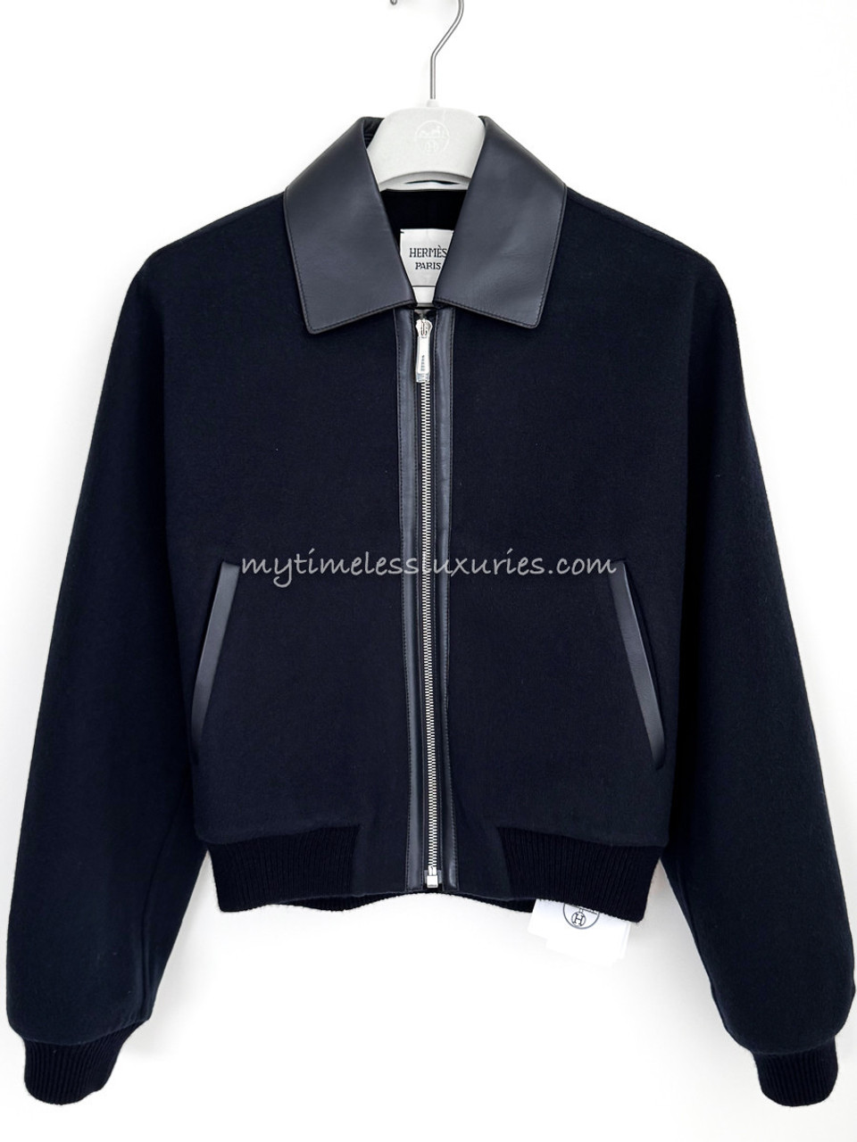 HERMES 2025 Cashmere Bomber Jacket Leather Detail Bleu Noir