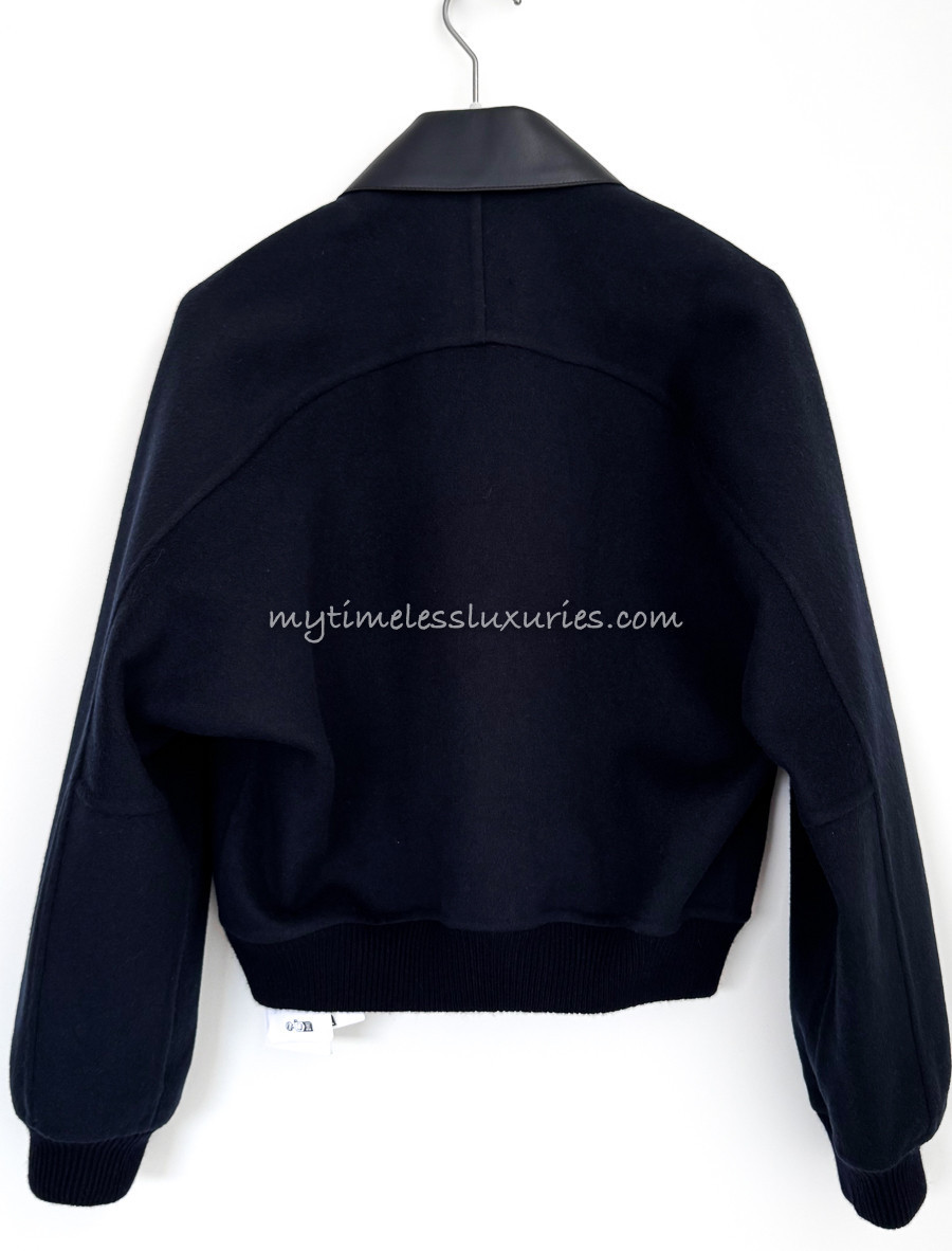 HERMES 2025 Cashmere Bomber Jacket Leather Detail Bleu Noir *New