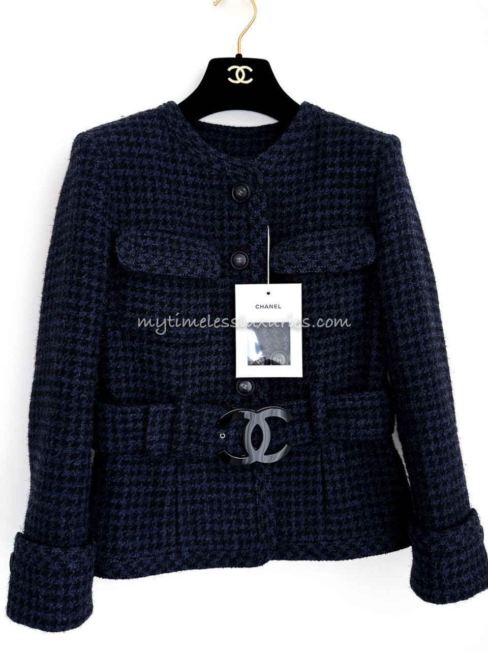 CHANEL 17B CC Belted Houndstooth Tweed Jacket 36 Navy/ Black