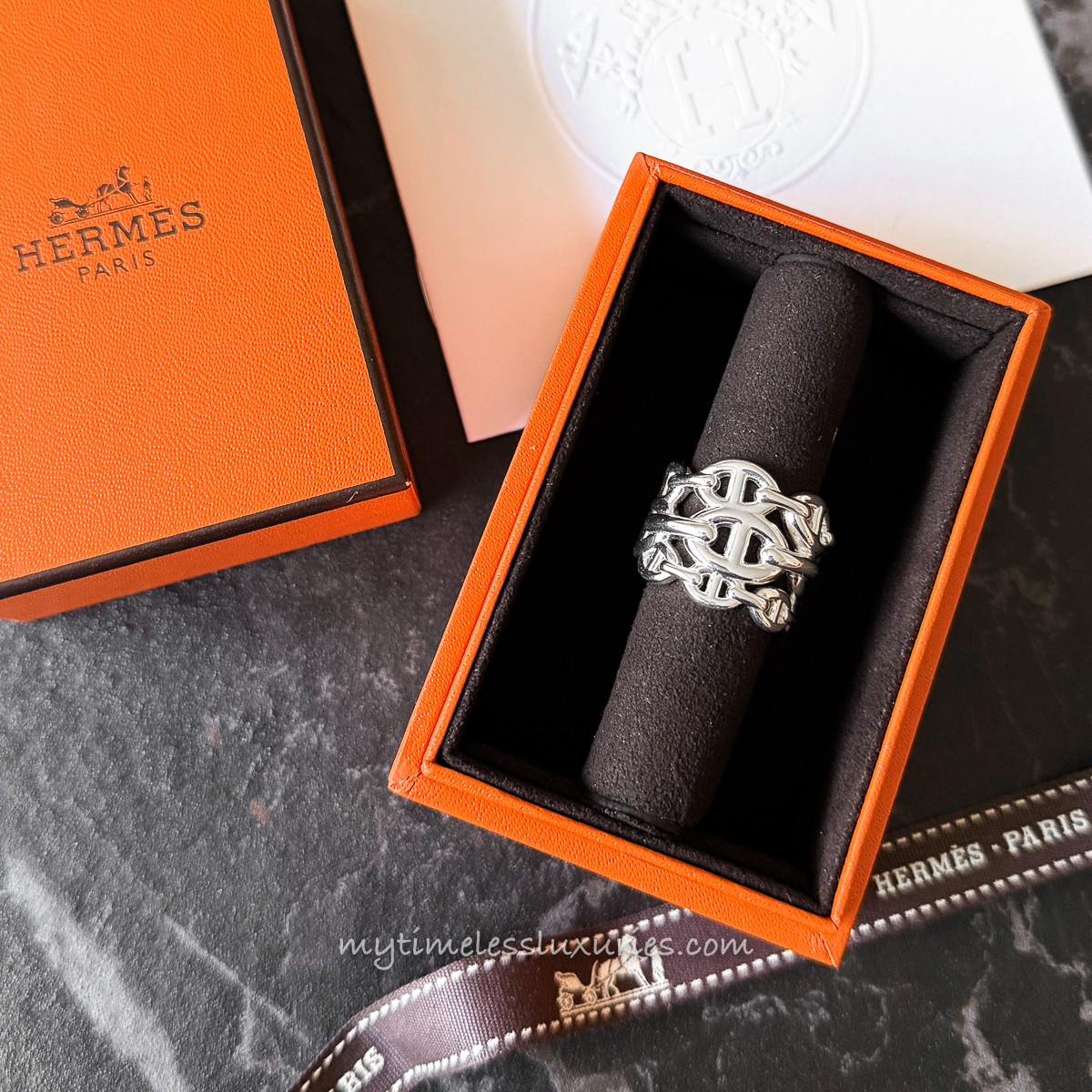 HERMES 2025 Chaine d'Ancre Enchainee Sterling Silver Ring 56