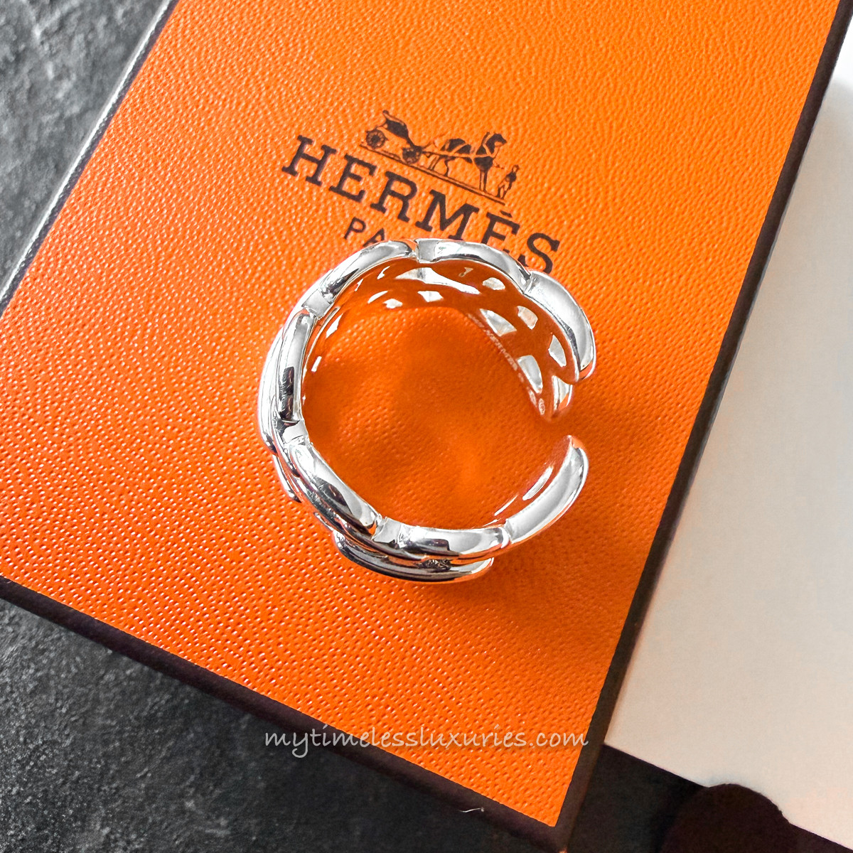 HERMES 2025 Chaine d'Ancre Enchainee Sterling Silver Ring 56