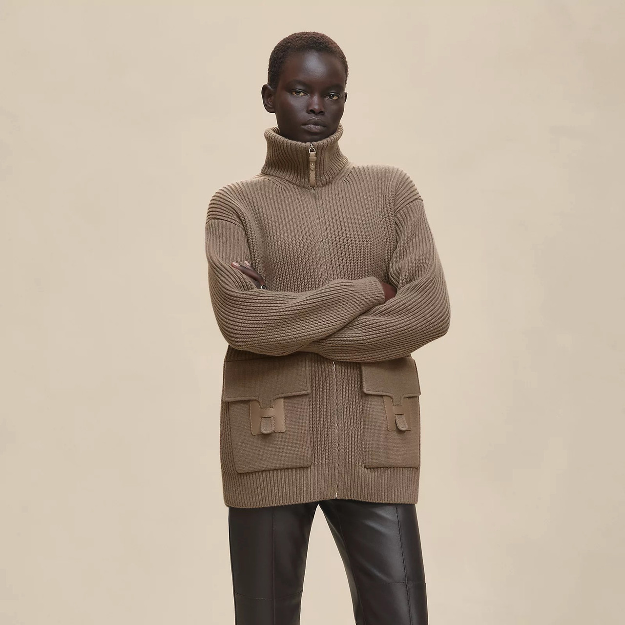 HERMES 2025 H Pocket Wool Knit Jacket 36 Gris Etoupe *New