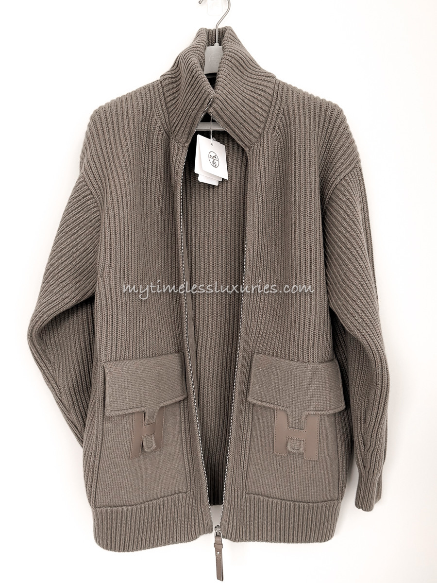 HERMES 2025 H Pocket Wool Knit Jacket 36 Gris Etoupe *New