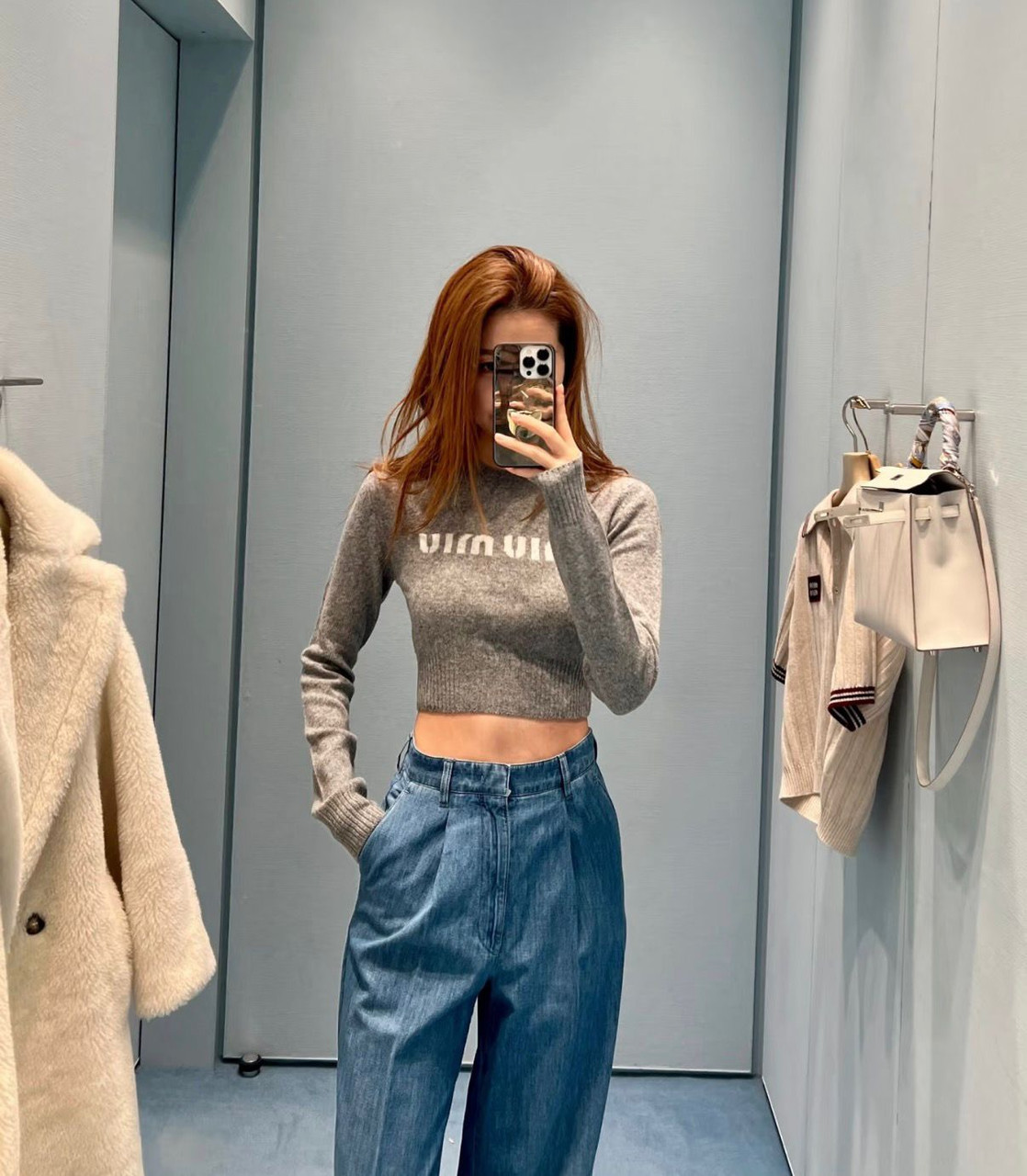 MIU MIU Logo Cropped Sweater 38 IT Grey *New - Timeless Luxuries