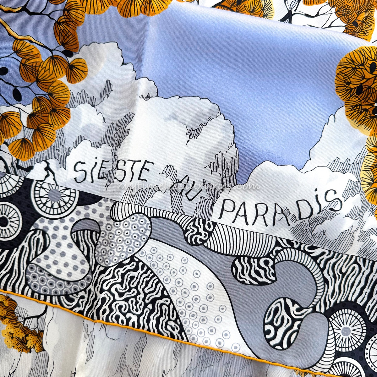 HERMES 'Sieste au Paradis' Giant Silk Twill Scarf 140 Blanc/ Noir