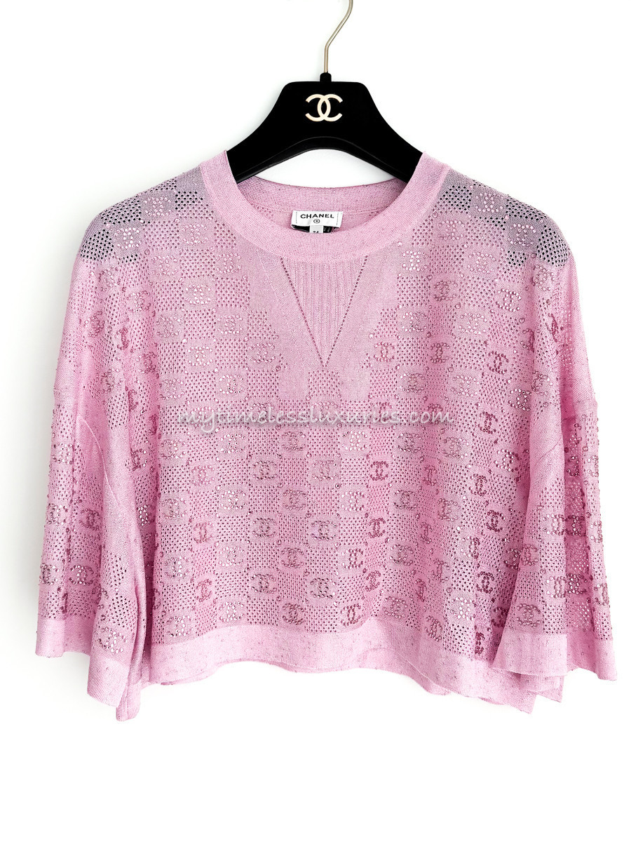 CHANEL 23P Rhinestone CC Knit Top Lt Pink - Timeless Luxuries