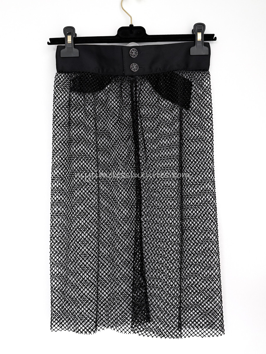 CHANEL 22S Crystal Mesh & Satin Skirt with Camélia Brooch 34
