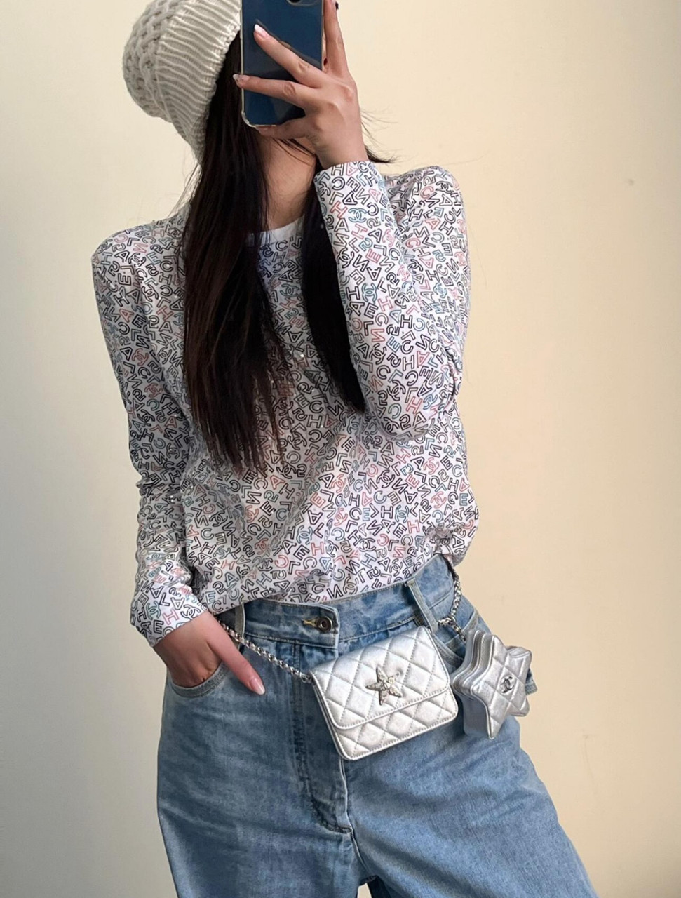 ヴィンテージ CHANEL タンクトップ トップス ライトブルー ホワイト