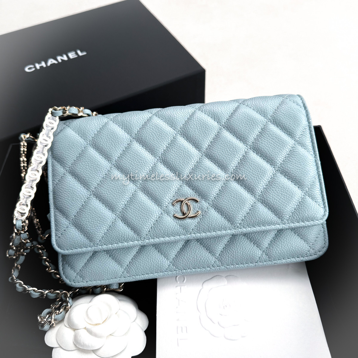 CHANEL 22P Lt Blue Caviar CC Logo Chain WOC LGHW *New - Timeless