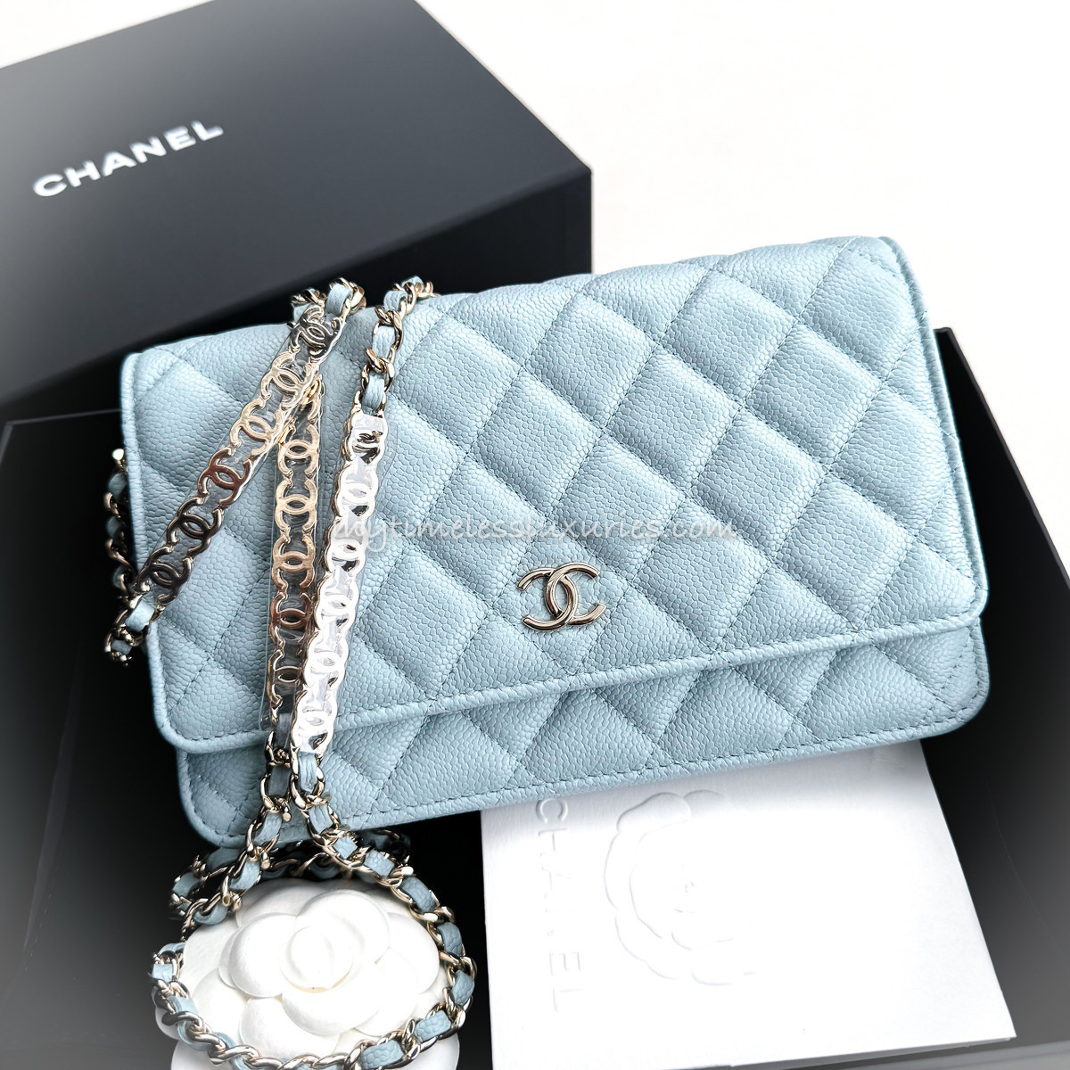 CHANEL 22P Lt Blue Caviar CC Logo Chain WOC LGHW *New - Timeless