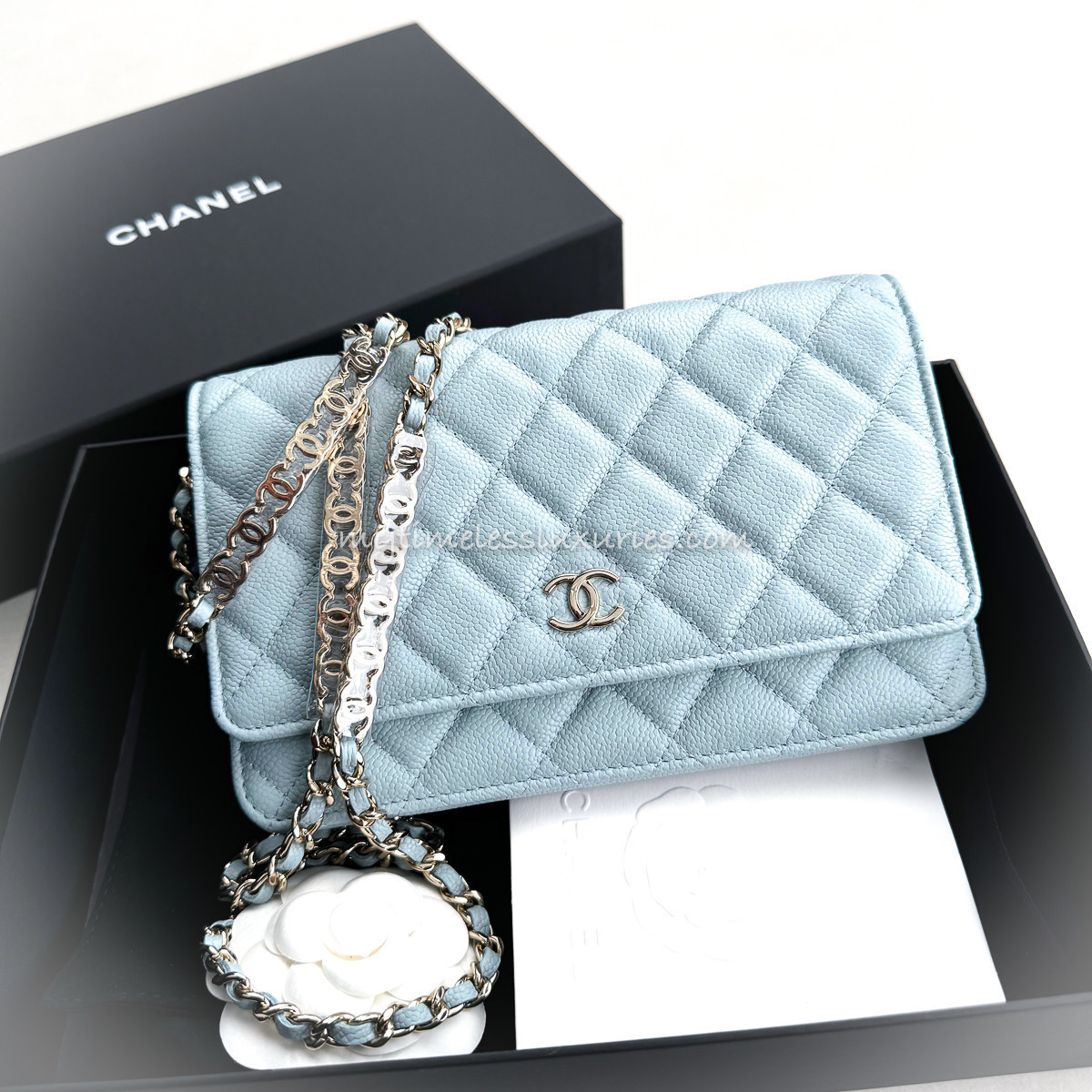 CHANEL 22P Lt Blue Caviar CC Logo Chain WOC LGHW *New - Timeless