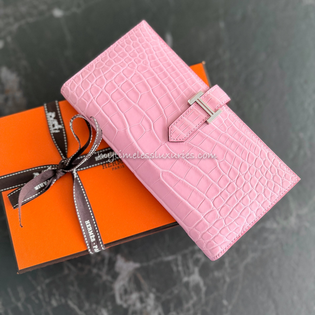 HERMES 5P Pink Matte Alligator Bearn Soufflet Wallet *New 