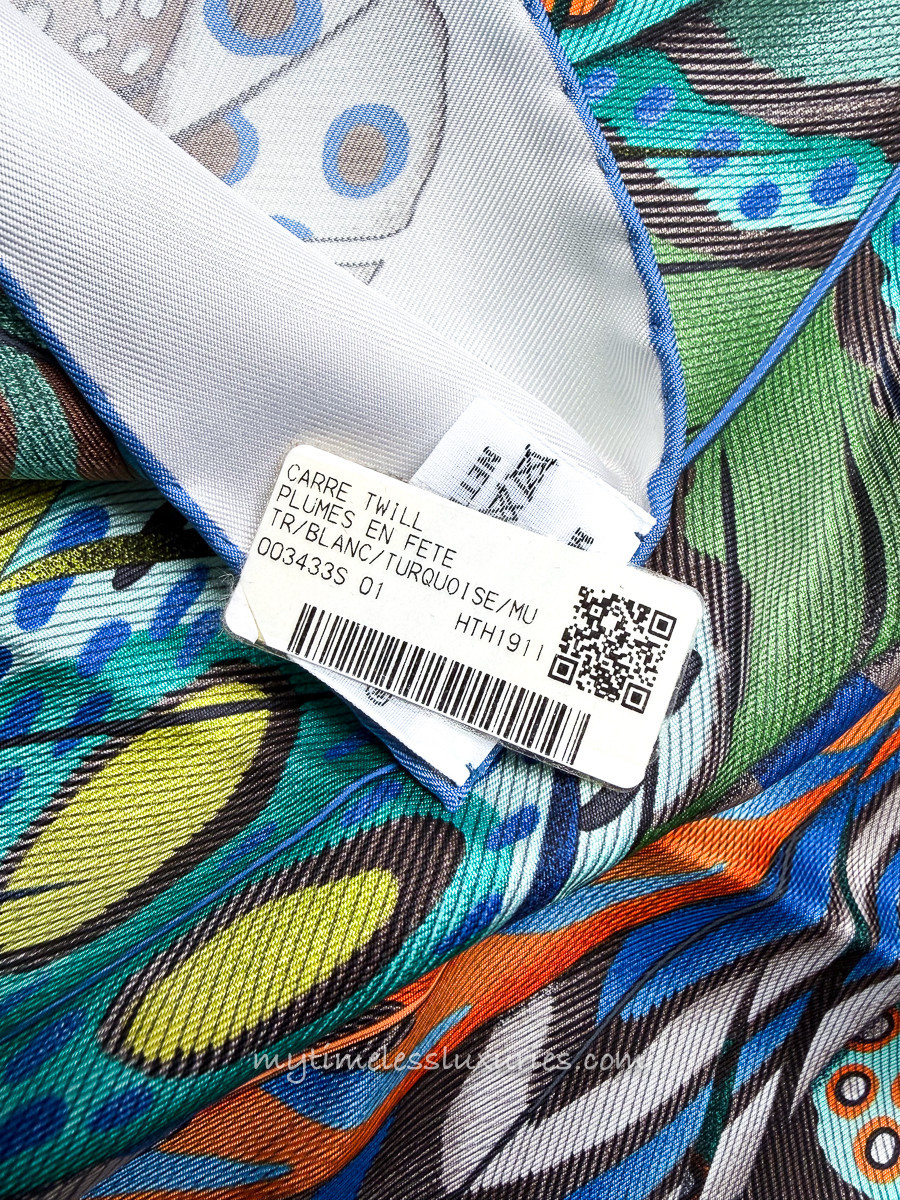 HERMES 'Plumes en Fete' Silk Twill 90 Scarf Blanc/ Turquoise *New