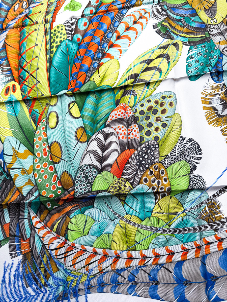 HERMES 'Plumes en Fete' Silk Twill 90 Scarf Blanc/ Turquoise *New