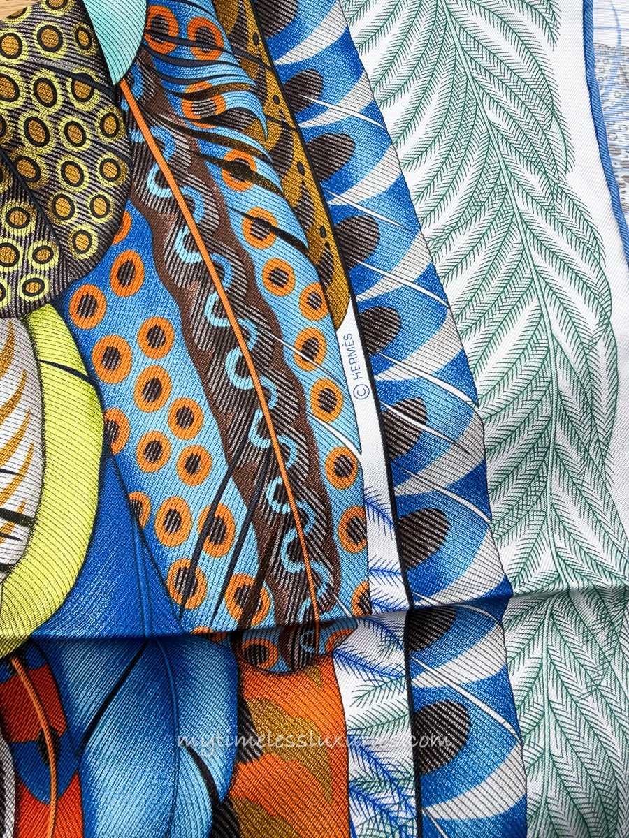 HERMES 'Plumes en Fete' Silk Twill 90 Scarf Blanc/ Turquoise *New