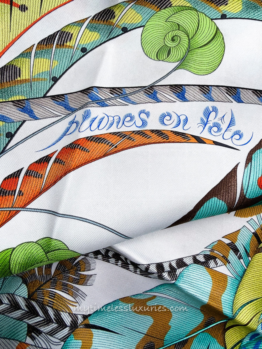 HERMES 'Plumes en Fete' Silk Twill 90 Scarf Blanc/ Turquoise *New