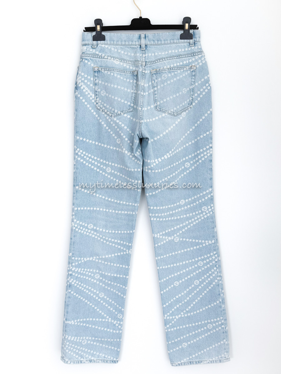 CHANEL 25P Pearl Print Jeans 38 Lt Blue - Timeless Luxuries