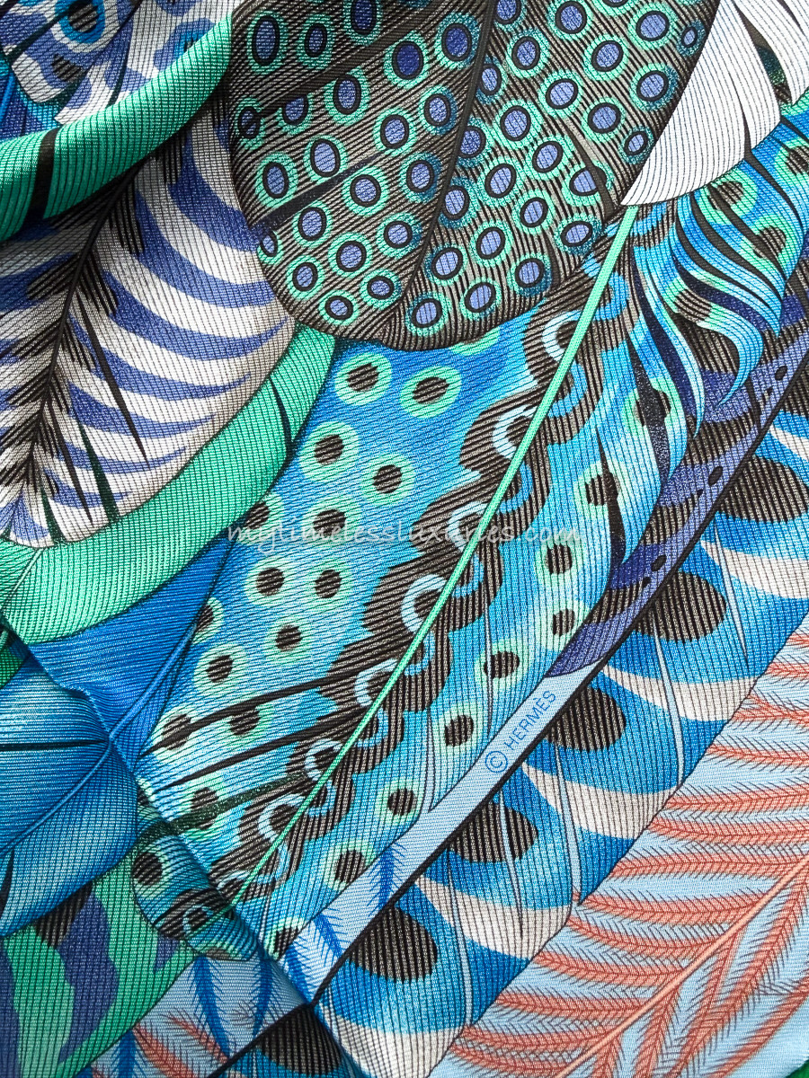 HERMES 'Plumes en Fete' Silk Twill 90 Scarf Ciel/ Vert/ Brun *New
