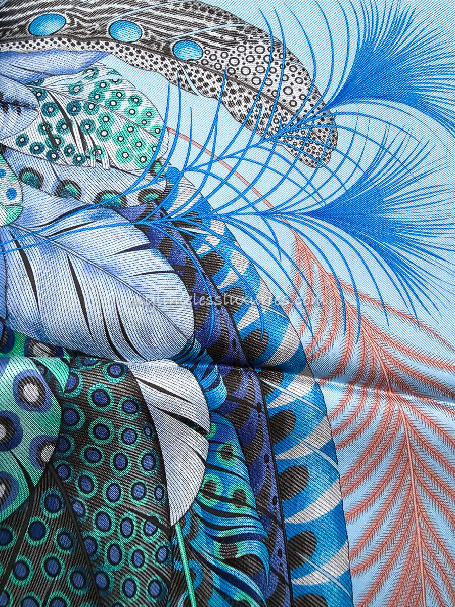 HERMES 'Plumes en Fete' Silk Twill 90 Scarf Ciel/ Vert/ Brun *New