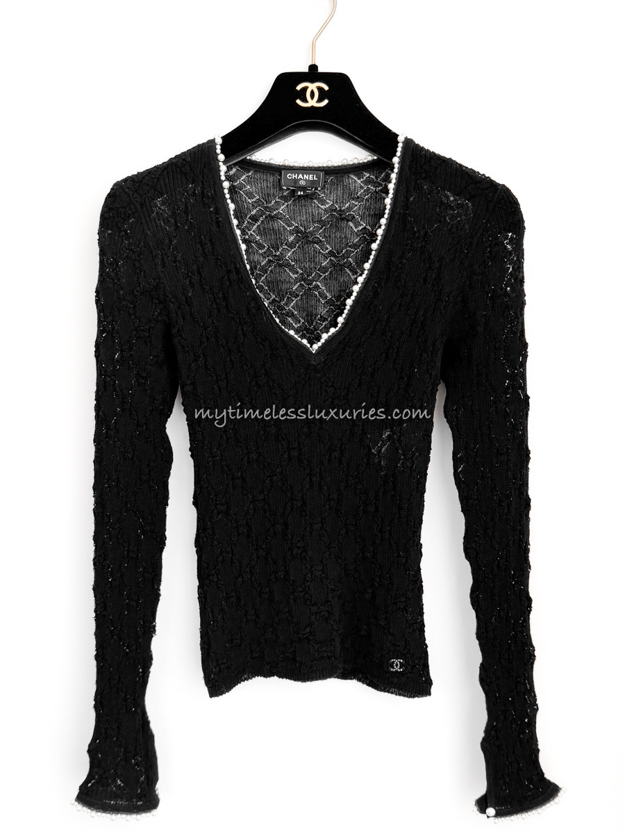 トップス CHANEL CHANEL 22B CC Logo Lace Knit Top Pearl Trim 34 *New - Timeless