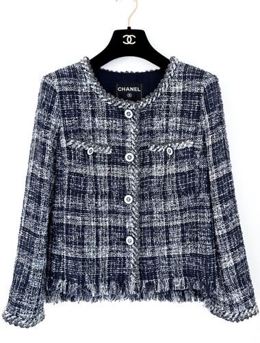CHANEL 18P Fantasy Tweed Fringed Jacket 40 Blue