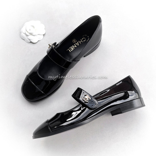 CHANEL Black Patent Mary Janes CC Turnlock 38 *New