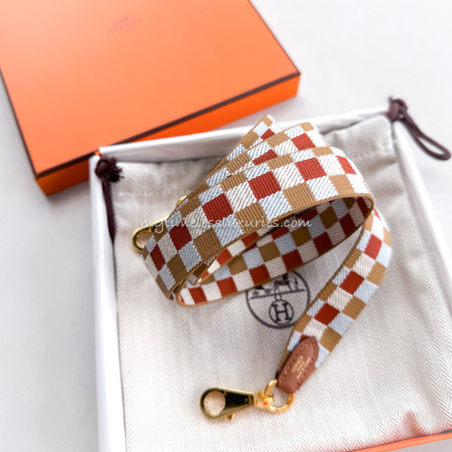 HERMES Maxi Quadrille Bag Strap 25mm 105 Chai/ Nata/ Bleu Brume/ Gold