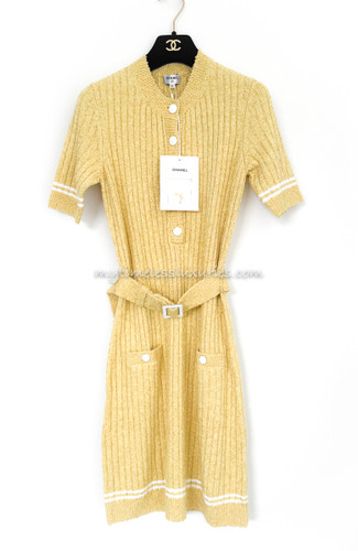CHANEL 22P Belted Knit Dress 36 Lt Yellow/ White *New