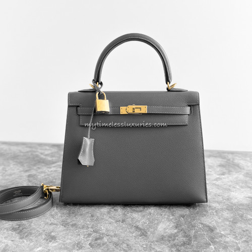 HERMES Kelly 25 Sellier Gris Meyer Epsom GHW U