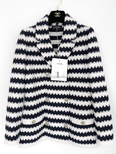 CHANEL 21C Striped Knit Jacket 34 Ecru/ Navy/ Gold *New