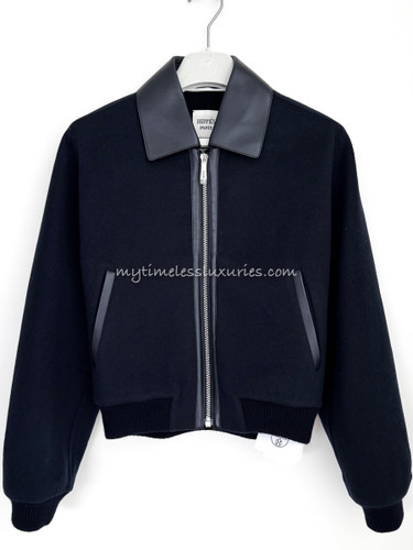 HERMES 2025 Cashmere Bomber Jacket Leather Detail Bleu Noir *New