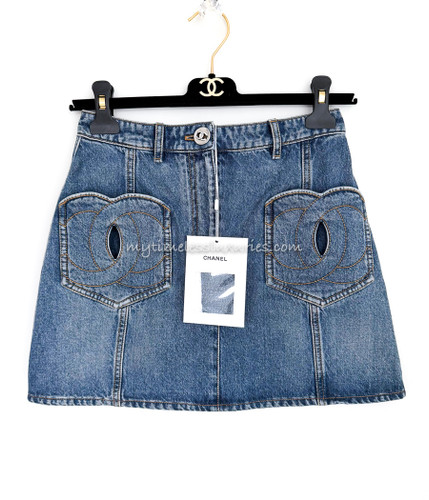 CHANEL 24P Denim Mini Skirt CC Heart Pockets 34 *New