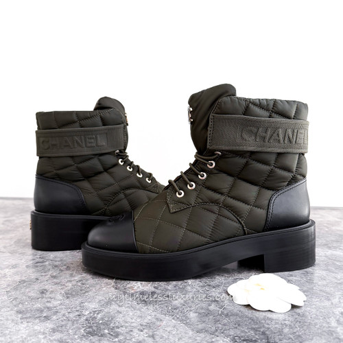 CHANEL Khaki Green Combat Boots 39 *New