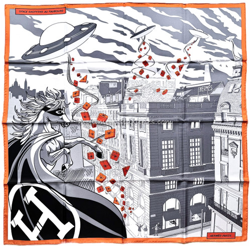 HERMES 'Space Shopping au Faubourg'  Silk Twill 90 Scarf Gris/ Noir/ Orange *New