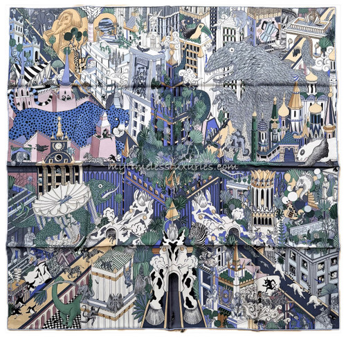 HERMES 'Animapolis'  Silk Twill 90 Scarf Bleu/ Gris/ Vieux Rose *New