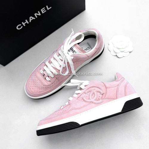 CHANEL Pink Suede CC Logo Sneakers 37 *New