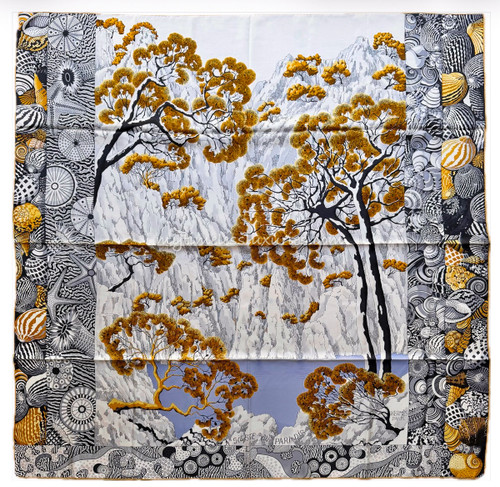 HERMES 'Sieste au Paradis' Giant Silk Twill Scarf 140 Blanc/ Noir/ Ocre *New