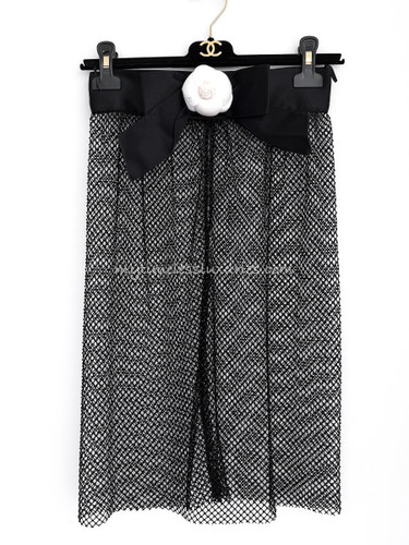 CHANEL 22S Crystal Mesh & Satin Skirt with Camélia Brooch 34