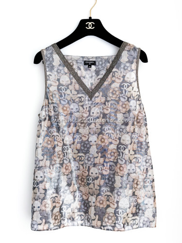 CHANEL 16K Choupette Emoji Print Iridescent Silk Top