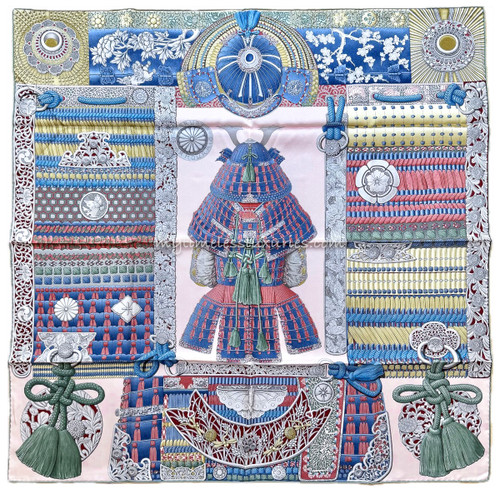 HERMES 'Parures de Samourais' Silk Twill 90 Scarf Rose Poudre/ Kaki/ Bleu Jean *New