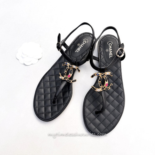 CHANEL CC Logo T-Strap Sandals 38 *New
