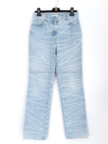 CHANEL 25P Pearl Print Jeans 38 Lt Blue