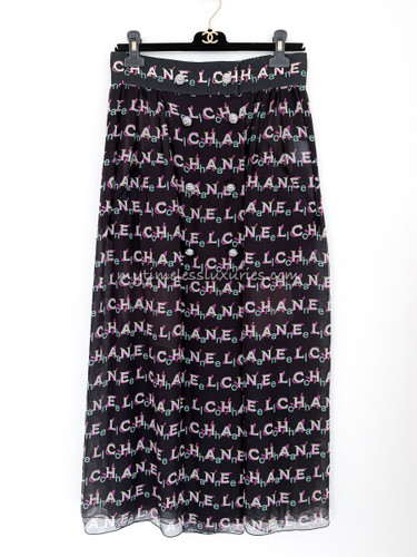 CHANEL 19P Logo Print Silk Midi Skirt 38