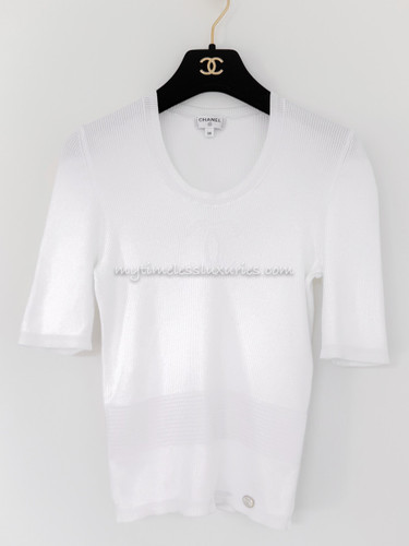 CHANEL 21P CC Logo Cotton Knit Top White