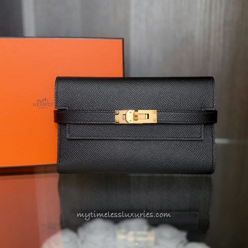 HERMES Kelly Depliant Wallet Noir Epsom GHW