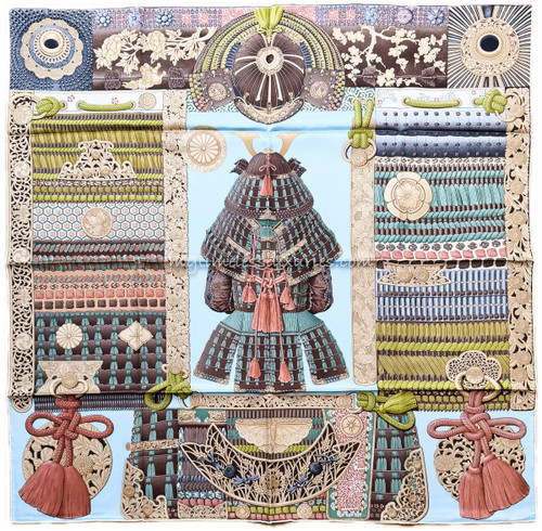 HERMES 'Parures de Samourais' Silk Twill 90 Scarf Bleu Ciel/ Vert/ Marron *New