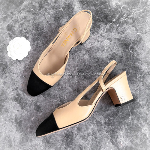 CHANEL Two Tone Slingback Heels Beige/ Black 35.5 *New