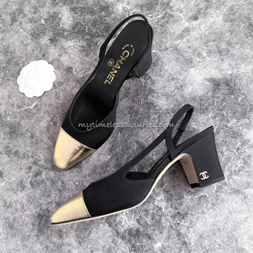 CHANEL Two Tone Slingback Heels Black/Gold 35.5 *New
